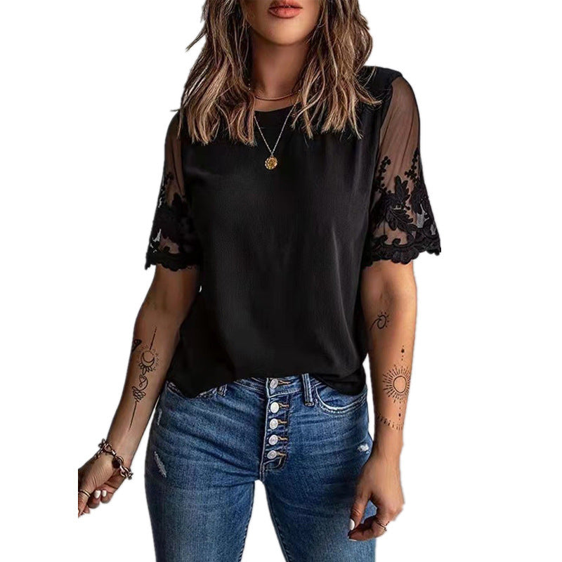 Dame moderigtigt T-shirt med blonder og detaljerige ærmer Stilla