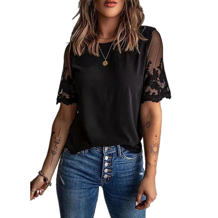 Dame moderigtigt T-shirt med blonder og detaljerige ærmer Stilla
