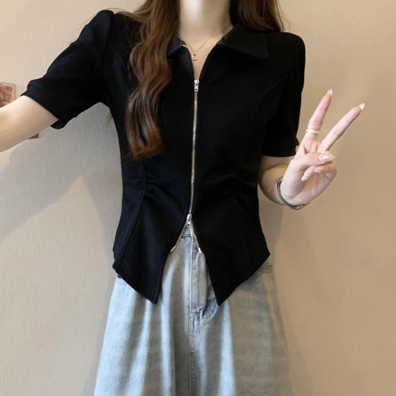Femme Lynlås foran Peplum Bluse med Rynkning Stilla