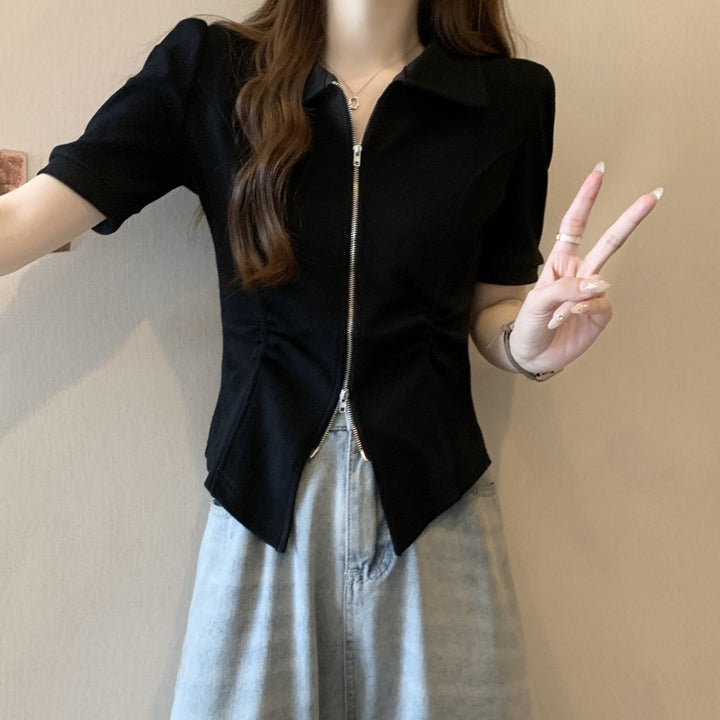 Femme Lynlås foran Peplum Bluse med Rynkning Stilla