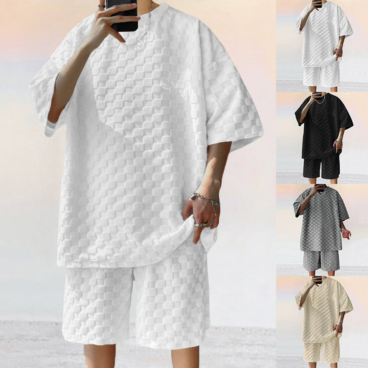 Unisex nan overdimensioneret fritids-sæt i struktureret vaffelkvalitet med rund halsudskæring og løs pasform Bermuda shorts Skovae