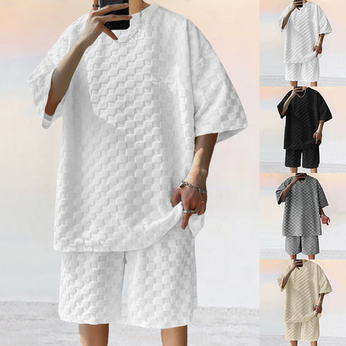 Unisex nan overdimensioneret fritids-sæt i struktureret vaffelkvalitet med rund halsudskæring og løs pasform Bermuda shorts Skovae