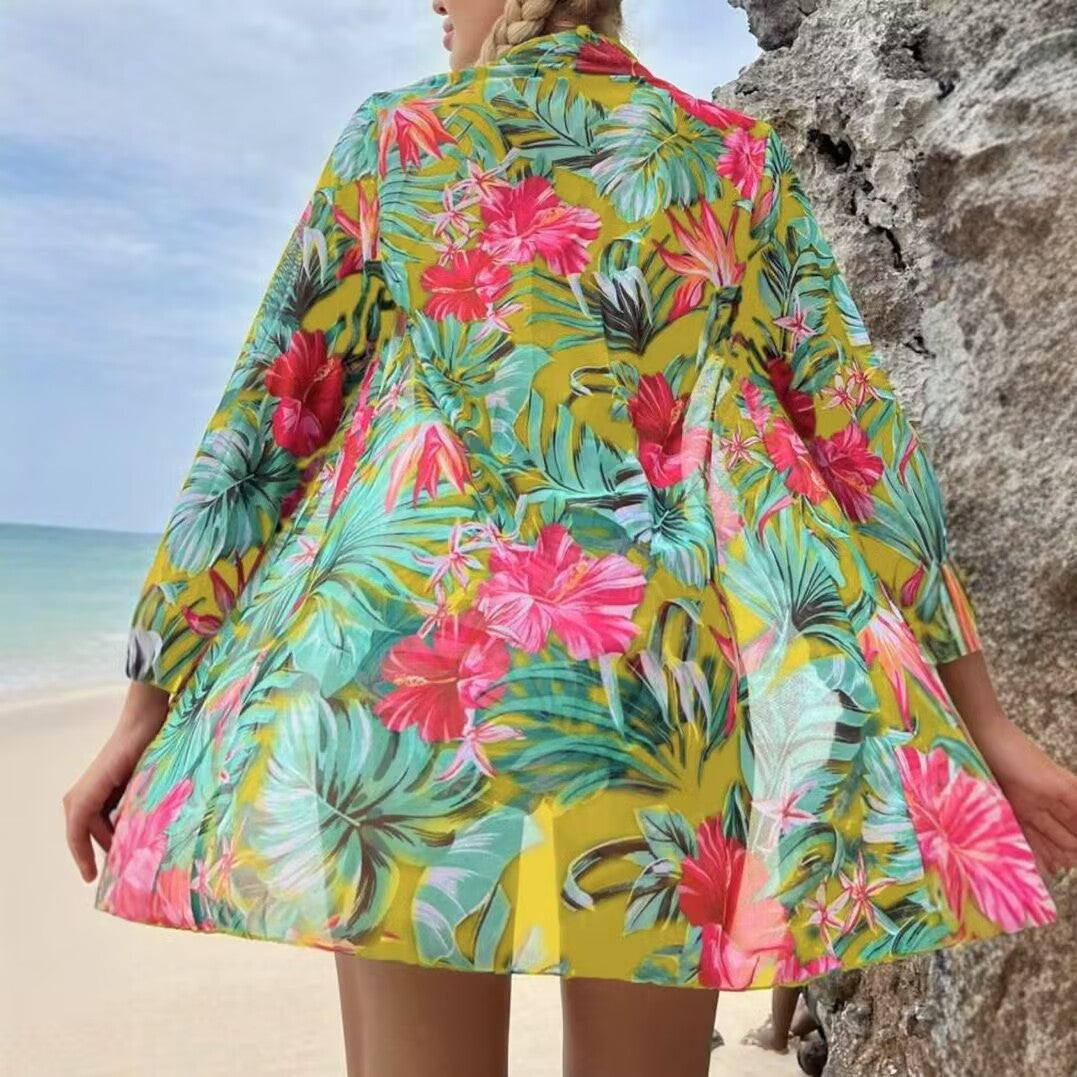 Dame bikini sæt med blomstermønster og gennemsigtig strandoverdel Skovae