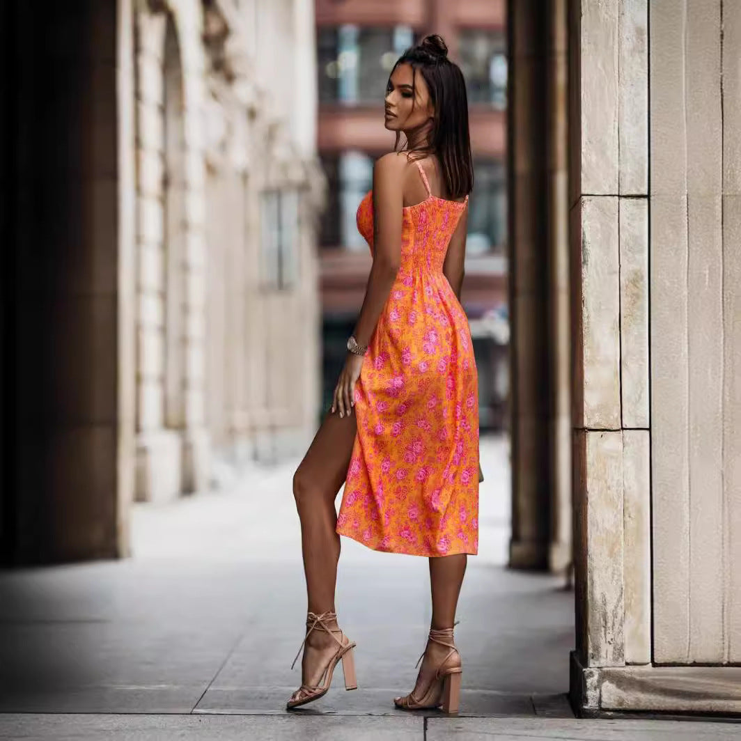 Dame Floral Print Bodycon Midi Kjole med Sømidte Stilla