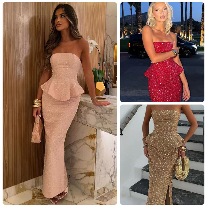 Kvindelige elegante aften kjoler med peplum design og glitrende accenter