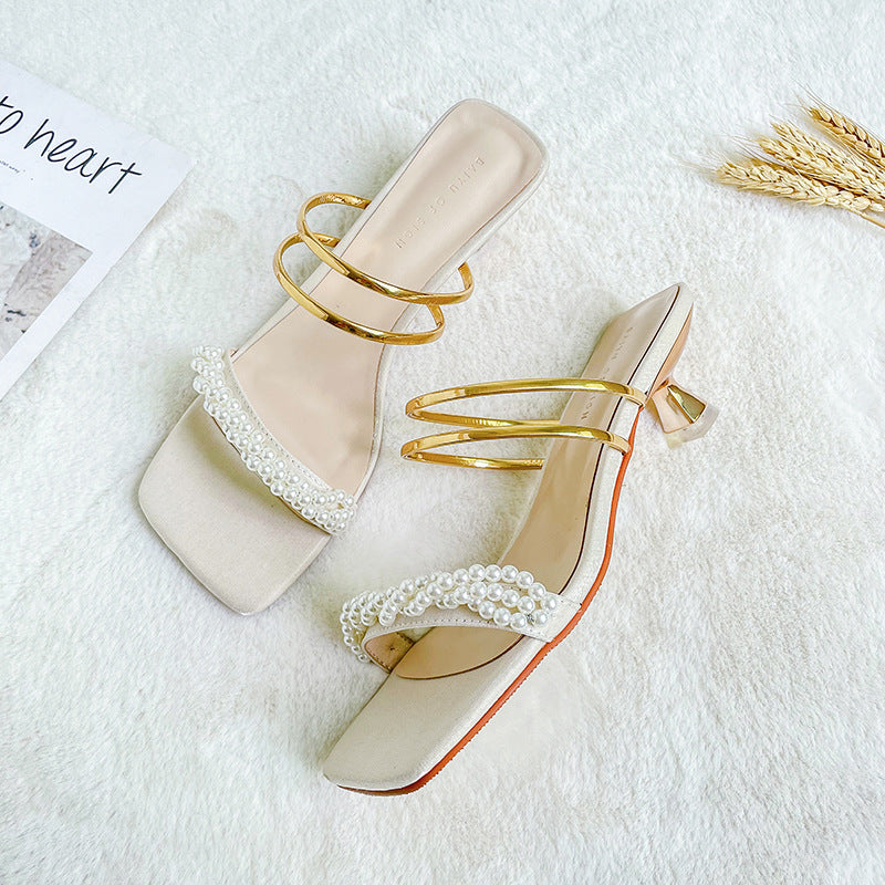 Femme Elegante Perleprydede Slide Sandaler med Blokhæle Stilla