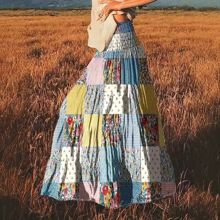 Dame Patchwork Maxiskørt med elastisk linning og flerfarvet design Stilla
