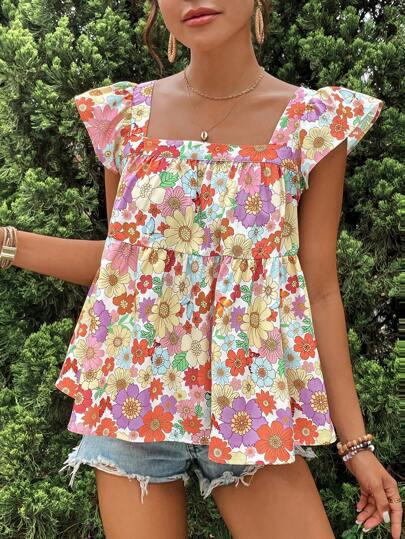 Dame bluse top med floralt print og flæsedetaljer Stilla