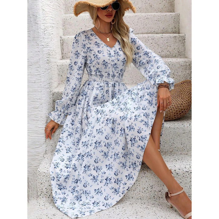 Dame Floral Trykt Maxi Kjole med Smock-talje og Lange Ærmer Stilla