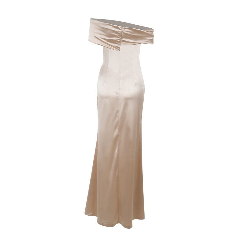 Dame Elegant Satin Aftenkjole med asymmetrisk Strop og høj Slids Skovae