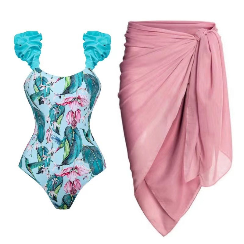 Dame one-piece badedragt med flæseret stropper og blomster mønster Stilla