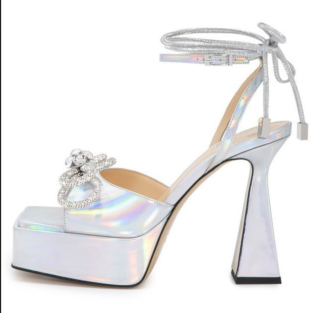 Femme Platform Chunky High Heels Sandaler med dekorativt rhinestones-akkord Stilla