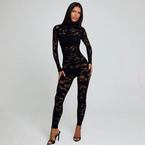 Dame Figurnær Net-Jumpsuit med lange ærmer og høj krave Skovae