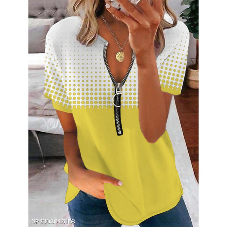 Dame Mode Kortærmet T-shirt med Lynlås og Prikkedesign Stilla