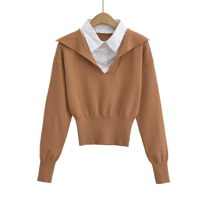Dame cropped pullover med integreret skjortekrave og moderne design Stilla