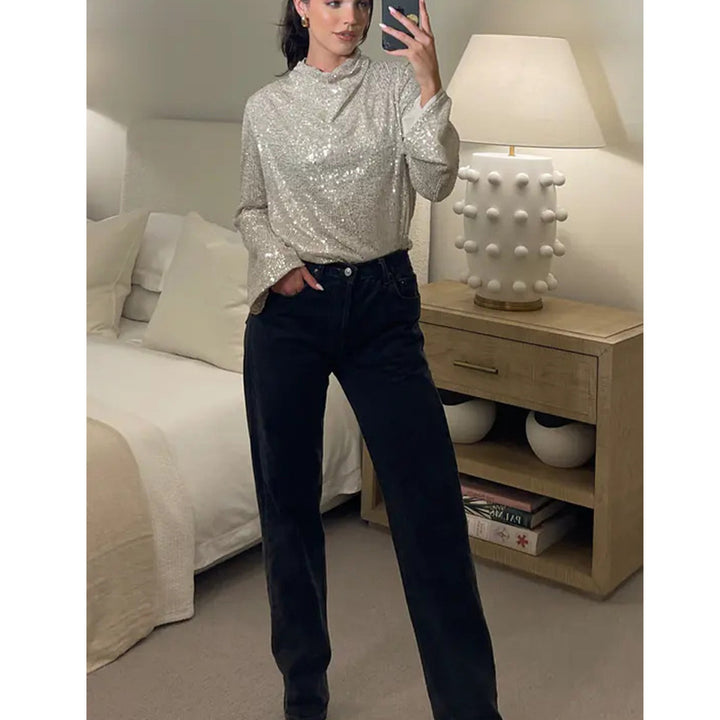 Dame skinnende pailletbluse med bred pasform Stilla