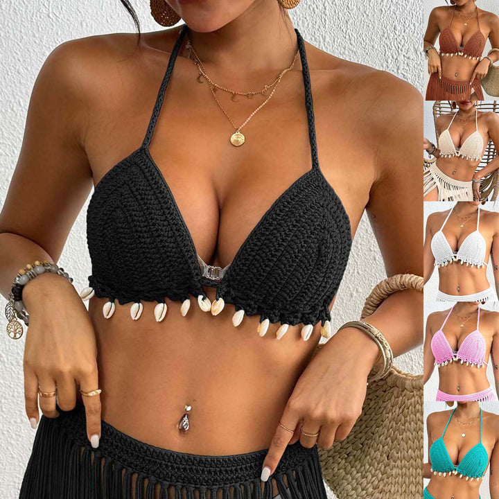 Dame Hæklet-Bikini-Top med Muslingpryd og frynset Design Stilla