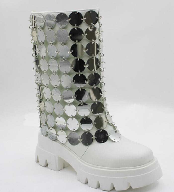 Femme Chunky High-Top platformstøvler med dekorative metalliske skiver Stilla