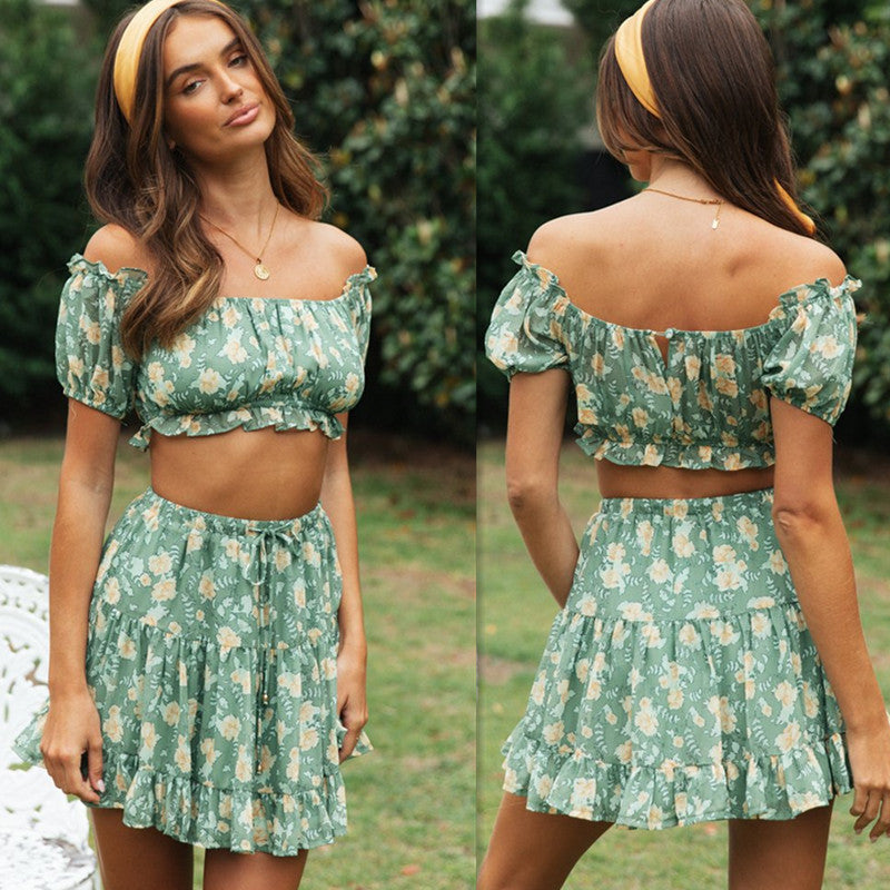 Dame Crop-Top og Mini Nederdel Sæt med blomsterdetaljer Stilla