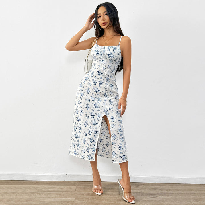 Damerne maxi kjole med blomstermønster og elegante spaghetti stropper Stilla