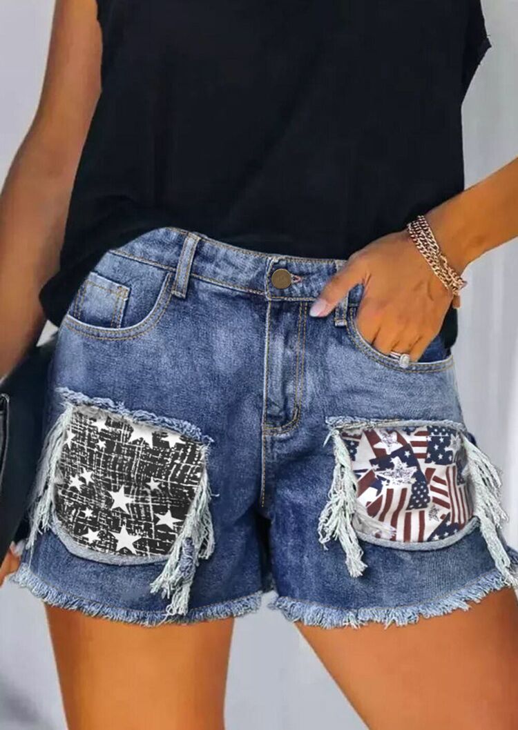 Dame Destroyed Denim-Shorts med frynsede lommer og stilfulde patches Skovae
