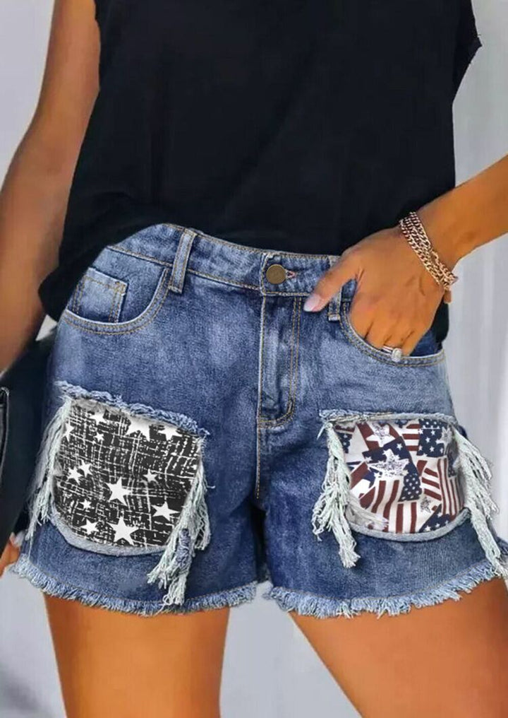 Dame Destroyed Denim-Shorts med frynsede lommer og stilfulde patches Skovae