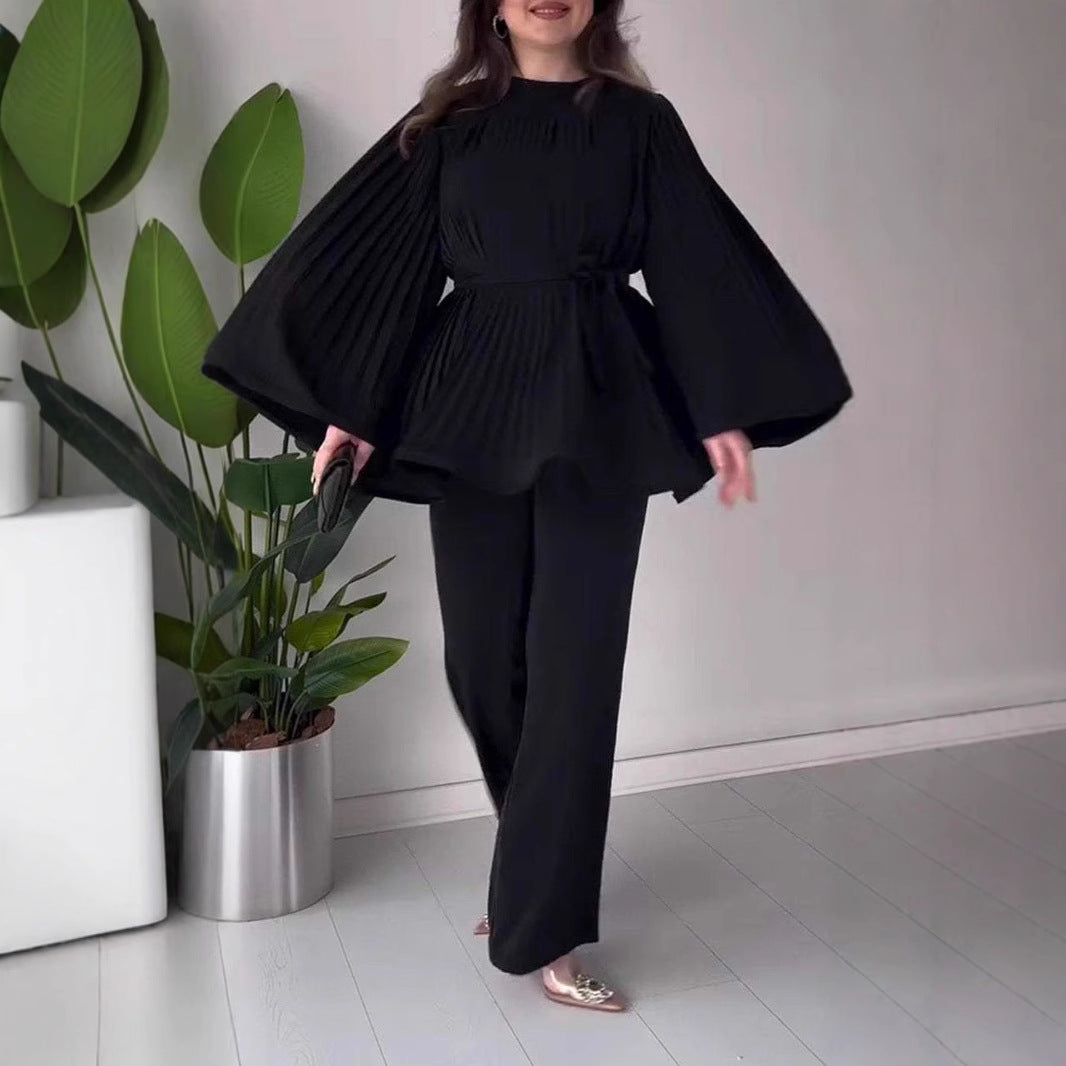 Dame elegant og moderigtigt sæt med vide ærmer og bælt Stilla