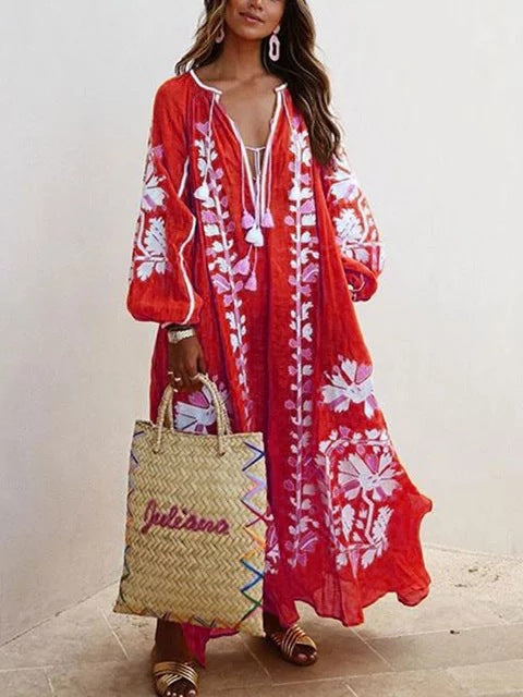 Dame Lang Kaftan med blomster broderi og luftige ærmer Stilla