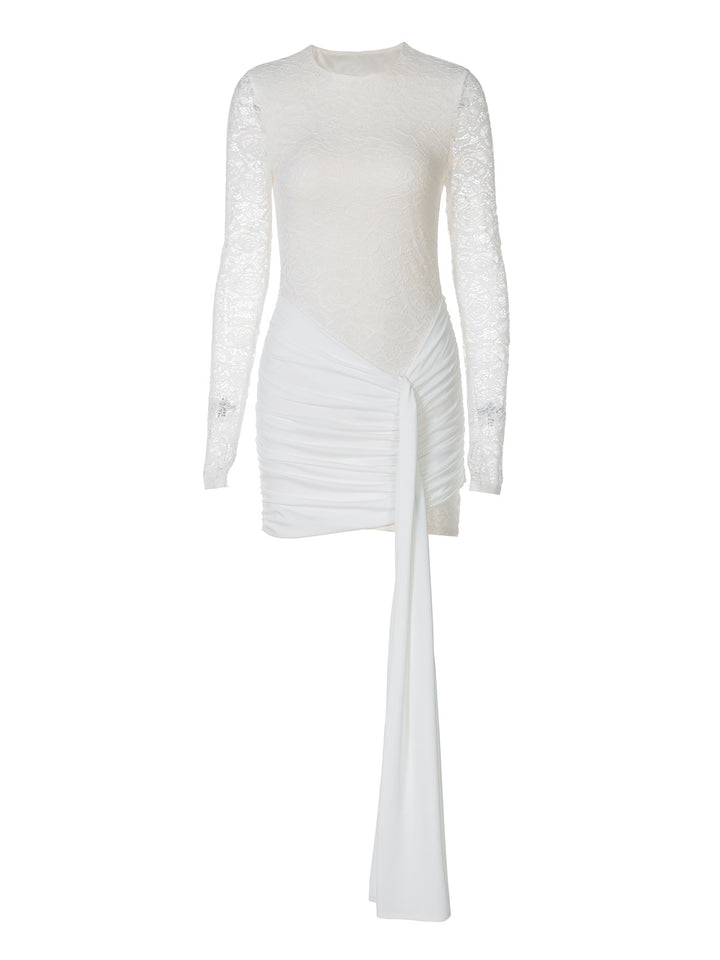 Dame Elegant Minikjole med transparente spidsærmer og raffinerede draperingsdetaljer Stilla