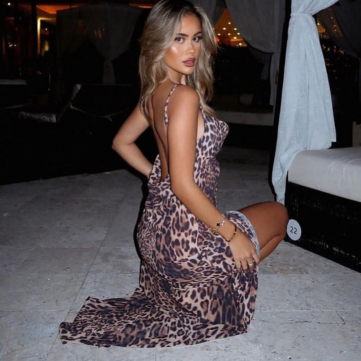 Dame Elegant Maxikjole med Leo-print og Spaghetti-stropper Stilla