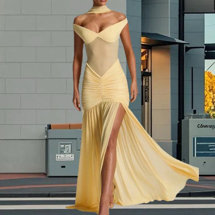 Dame Off-Shoulder Aftenkjole med høj slidser og elegant rynkning Stilla