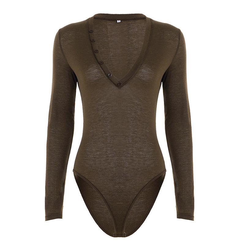 Dame figurtilpasset Langærmet bodystocking med elegant V-hals og trykknapdetalje Skovae
