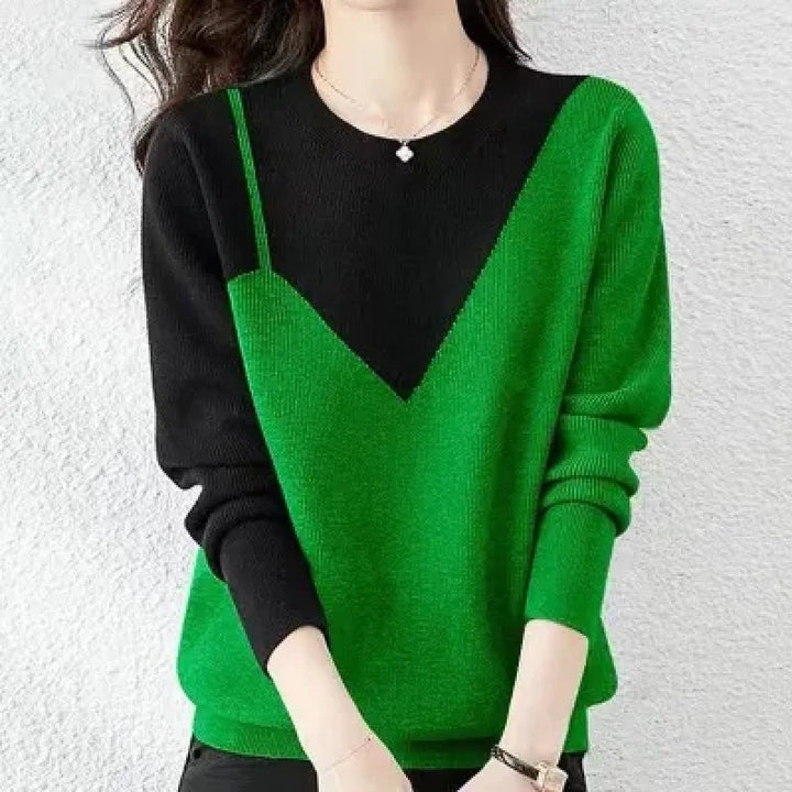 Dame Modepullover med V-udskæring og farveblokdesign Stilla