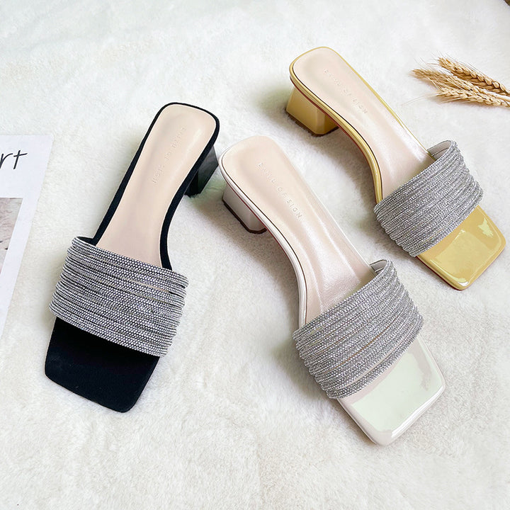 Femme Strass-dekoreret Blokhæl Slide Sandaler Stilla