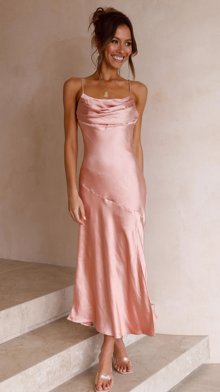 Women's Satin Maxi Dress with Elegant Split and Adjustable Straps Skovae