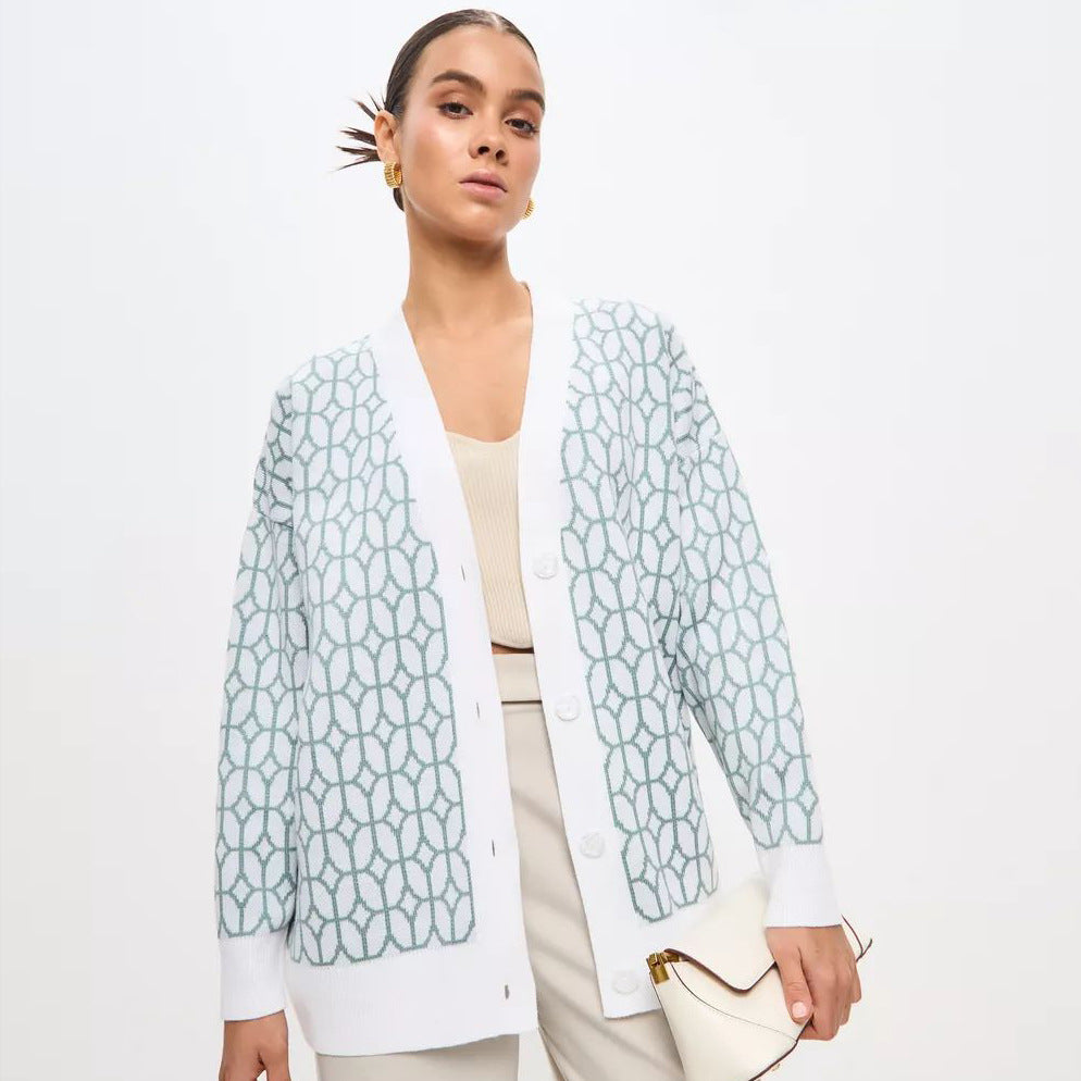 Dame strikk cardigan med moderne geometrisk mønster og behagelig pasform Stilla