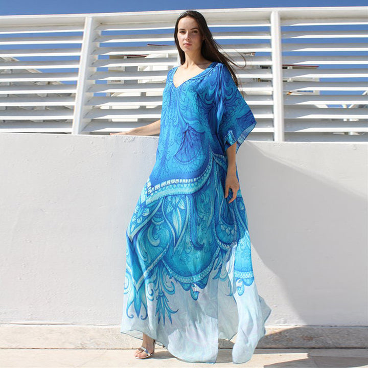 Dame Strandkaftan med kunstnerisktryk og flydende snit Stilla