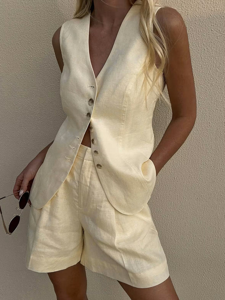 Femme Figursyet Linned blazer og shorts-sæt Stilla