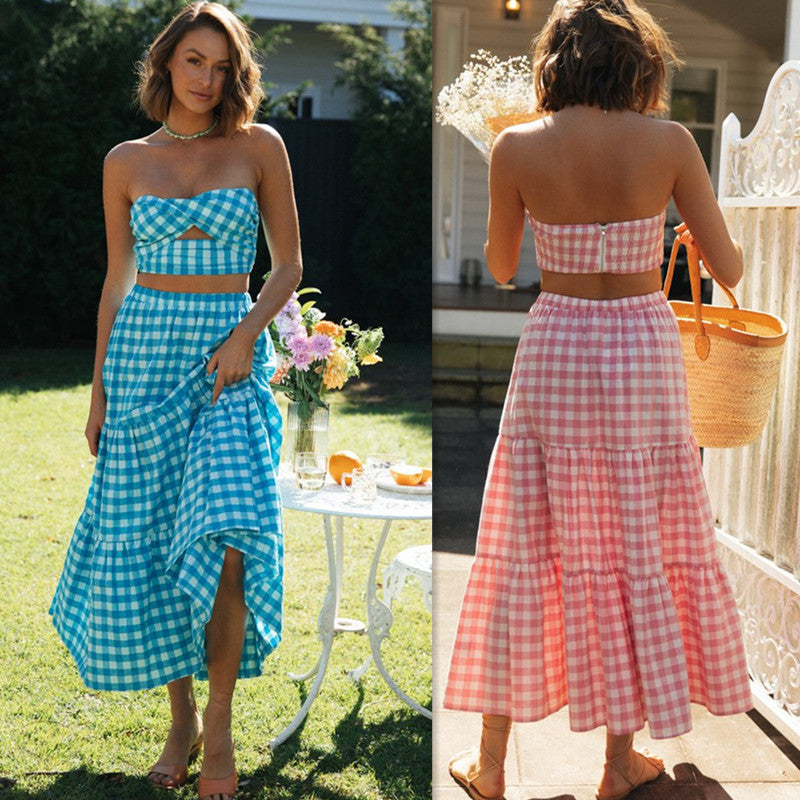 Ladies to-delt gingham stil sæt med crop top og voluminøs nederdel Stilla
