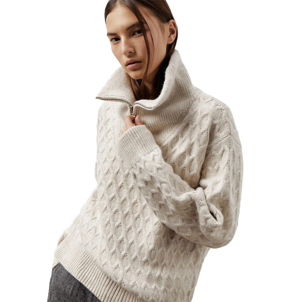 Kvinders mønstrede sweater med høj krave og lynlås Stilla