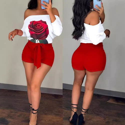 Dame Off-Shoulder Top med floral grafik og stribede shorts Skovae