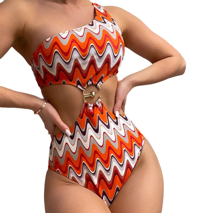 Dame En-sidet Cut-Out Badedragt med moderne Bølgemønster og elegant Ringdetalje Stilla