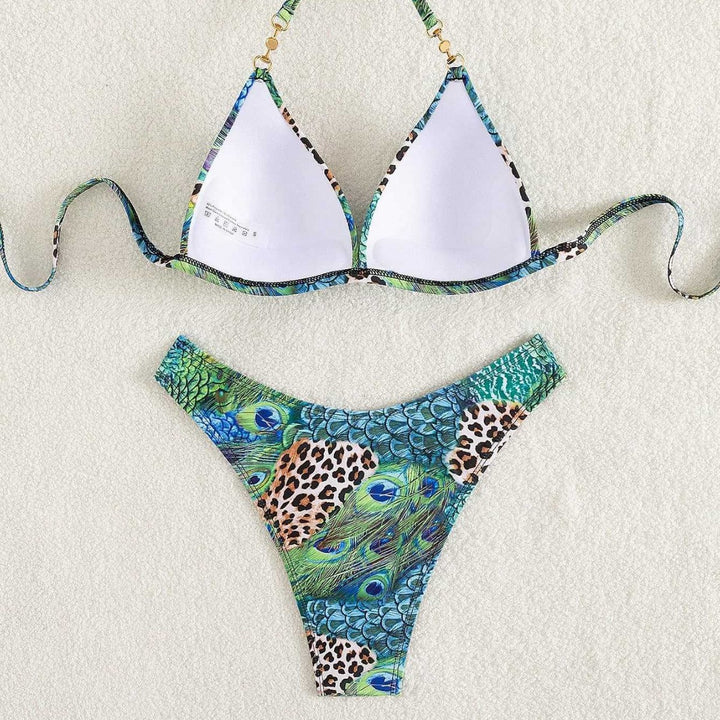 Dame Triangel-Bikini med livligt dyre- og påfuglemotiv Skovae