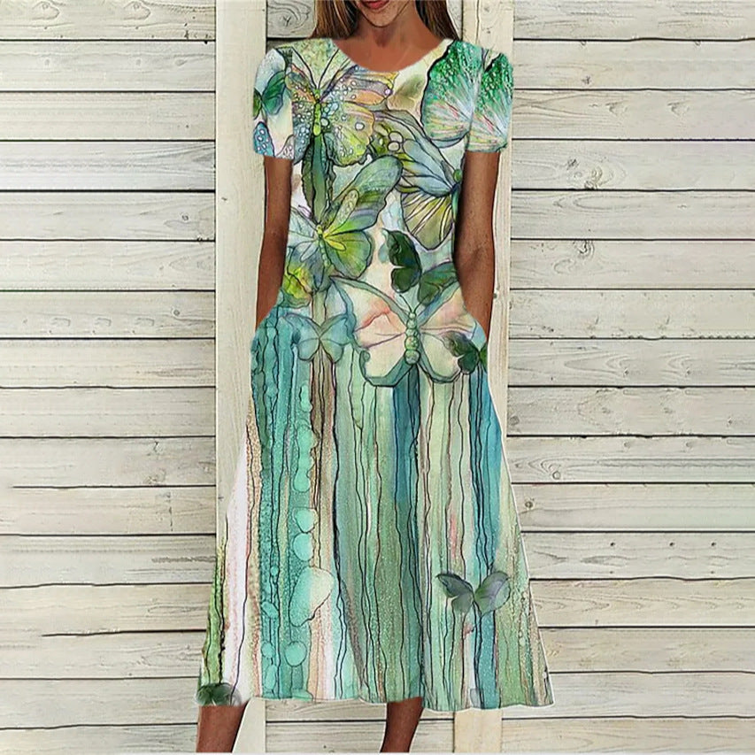 Stilla | Praktisk Casual Print Rund Hals Lomme Kjole