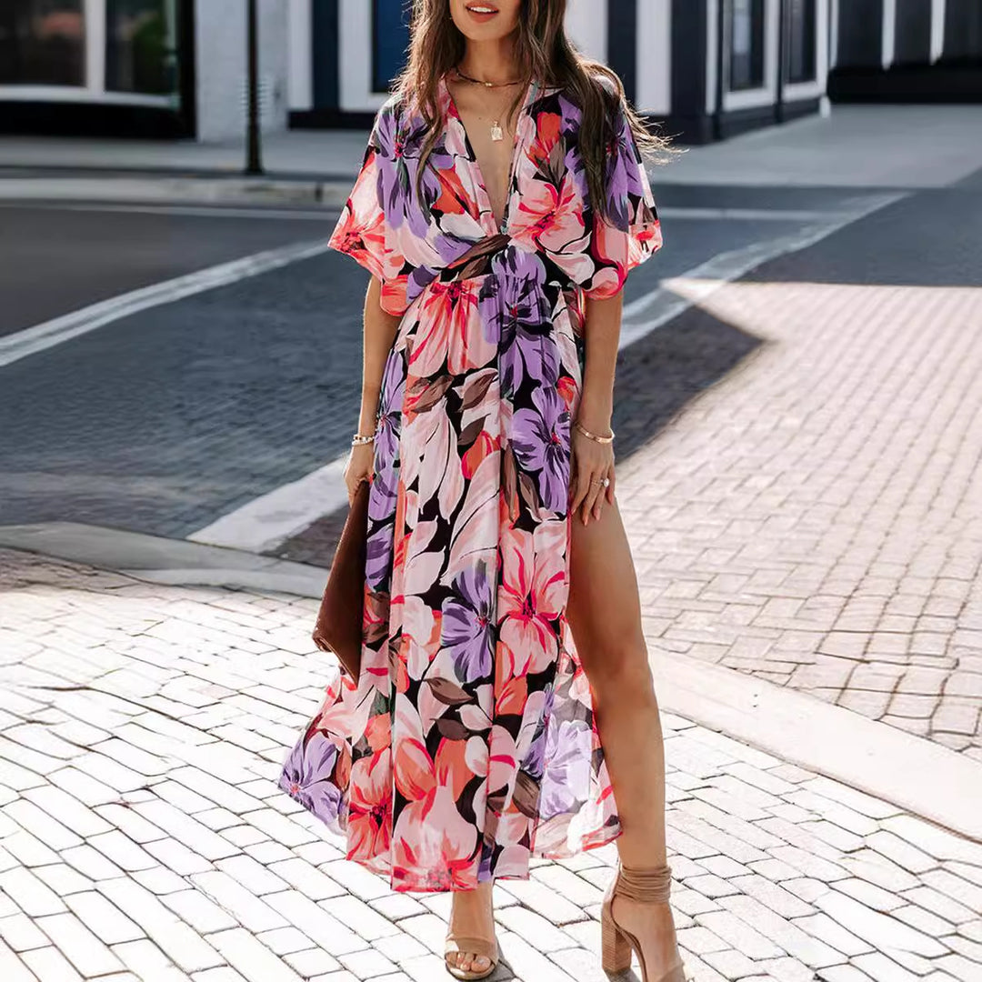 Dame Maxikjole med floral indpakningsdesign og høj slids Stilla
