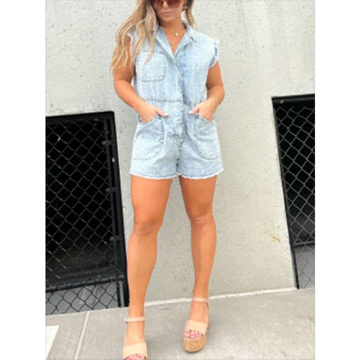 Dame trendy Jeans-overall med lommer og kortærmet Stilla