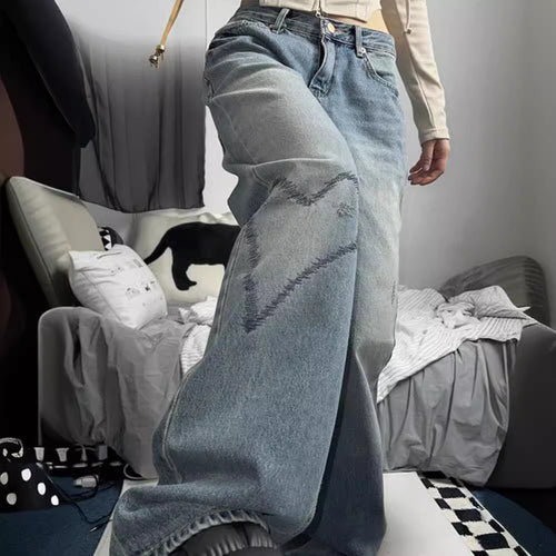 Damer Bredskårne Denim-Jeans med Hjerte-design Stilla