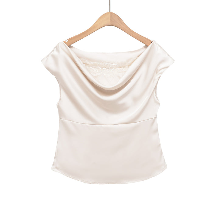 Dame elegant satinbluse med raffineret vandfaldsudskæring Skovae
