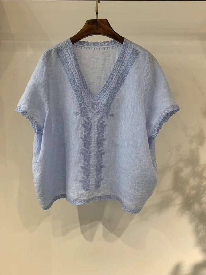 Femme Broderet V-Hals Bomuldsbluse Stilla