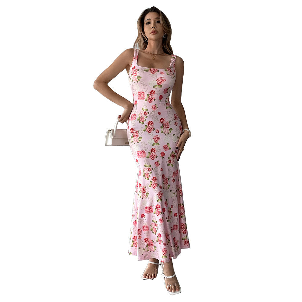 Kvindernes Maxi Kjole med Fyrkantet Udringning og Blomster Pailette Design Stilla